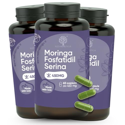 Fosfatidilserina 450 mg + Moringa | Reducción de Cortisol, Estrés y Fatiga | Memoria, Concentración y Metabolismo | Complemento Natural | 180 Cápsulas | Fabricado en Italia | RedMoringa