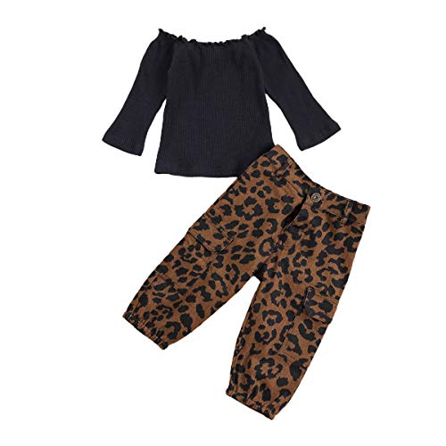 Toddler Baby Girls Fall Clothes Off Shoulder Tube Solid Top + Pants 2PCS Outfits Set (Black Leopard, 5-6T)