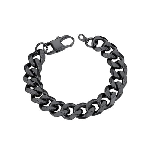 ChainsHouse Cuban Link Bracelet for Men, Stainless Steel Mens Bracelet 3MM/6MM/9MM/12MM Width Cuban Chain Wrist Bracelets, 6.3"-8.3" Length, Send Gift Box D-12MM-Black 7.5 Inches