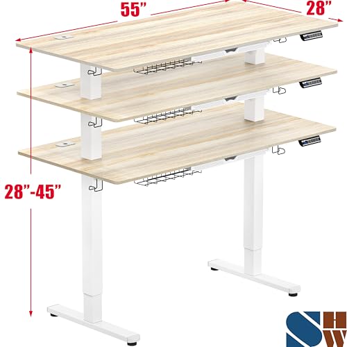 SHW 55 x 28 Inches Electric Height Adjustable Standing Desk with Drawer and Memory Preset, Maple