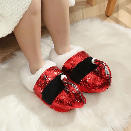 Christmas Slippers for Women Cute Sequin Santa Hat House Shoes Non-Slip Indoor Slippers Warm Home Footwear2
