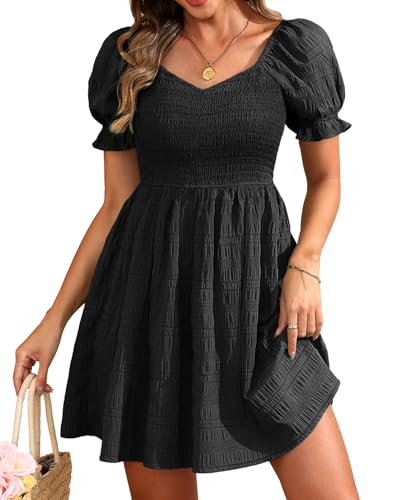 Holipick Black Summer Dress Smocked Sweetheart Neckline Puff Sleeve Casual