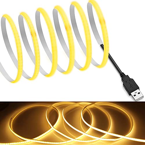 Image of MDee】USB COB Tape Light LED Strip 1.64ft /0.5m 5mm Hidden DC 5V 2700K | LED Tape with 320 LEDs /m for Warm (2700K) Lighting. Cuttable, Shapeable, USB Powered. Ideal for Kitchen