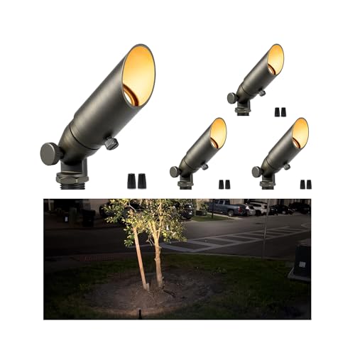 Gardenreet Brass Landscape Lighting - Outdoor Low Voltage Spotlights Wired, MR8 Low Light 12V LED Uplights, Waterproof Spot Lights, Bronze for Outside Shrub Without Bulb (4 Pack)