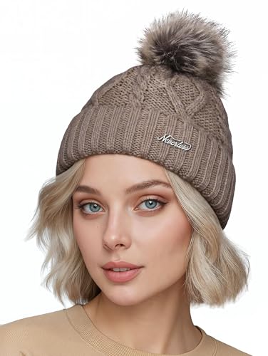 Neverless® Damen Bommelmütze mit Fleecefutter Pudelmütze Strickbeanie Strickmütze Wintermütze Dunkel-beige Unisize