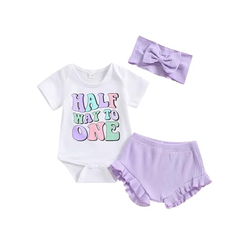 Baby Girl Half Birthday Outfit Half Way to One Short Sleeve Romper Ruffle Shorts Set Infant Summer Clothes Headband (Lavender, 6-12 Months)