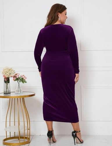 Image of ZOMVA Plus Size Velvet Wrap Dress Ruched Bodycon Dress Long Sleeves Ruffle Long Elegant Party Wedding Guest Cocktail Holiday
