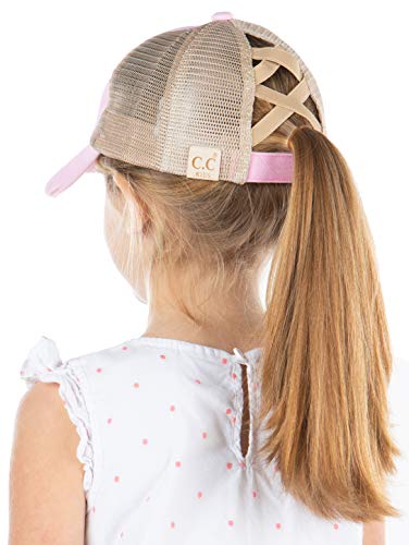 Kids Criss Cross Messy Bun Ponytail Hat -Light Pink Washed W/Mesh #TOP2