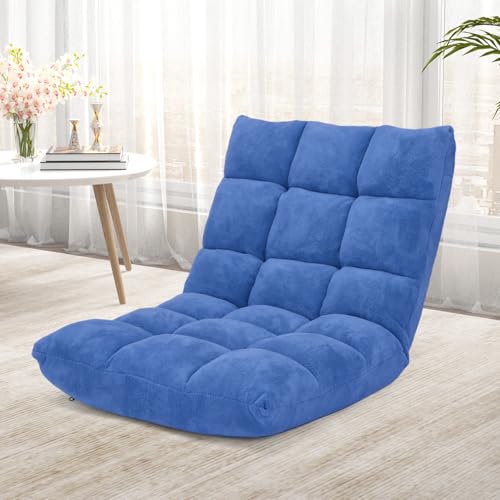 Image of COSTWAY Floor Chair, Video Gaming Chairs with Back Support, Adjustable 14-Position, Alloy Steel Frame, Soft Coral Fleece, Lazy Sofa Lounge for Reading Living Room Recliner for Adults Kids (Blue)