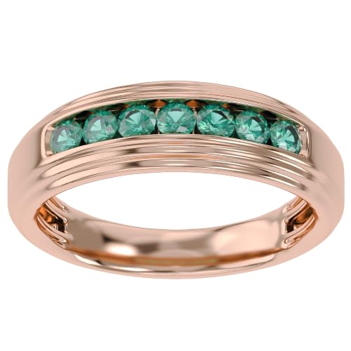 Men's Wedding Band Ring 2.7mm Round Cut Green Emerald Lab Grown Gemstone Channel Set 7-Stone Engagement Rings In 14K Rose Gold Plated 925 Sterling Silver Size 14