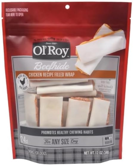 Ol~Roy Beefhide Filled Wrap, Chicken Recipe, Dry Training Treats for Dogs ~ 12 Oz ~ 24 Count ~ Pet Chews ~ Pack 1.