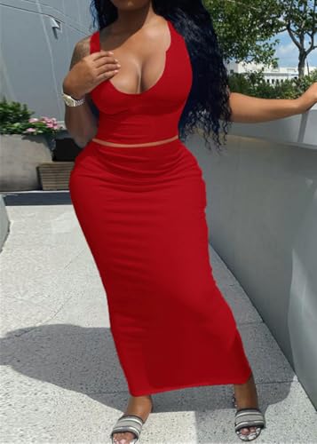 Image of Women Sexy Two Piece Skirt Outfits Long Sleeve /Sleeveless V Neck Bodycon Ribbed Knitted Maxi Club Party Dress
