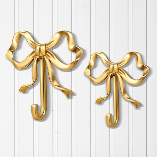 Image of Lineshading 2 Pcs Gold Bow Wall Hooks Brass Coquette Bow Hooks for Coats Hats Bags Bath Towels Robes Vintage Room Decor Office Kitchen Hallway Bathroom Nursery Decorations (L+S)