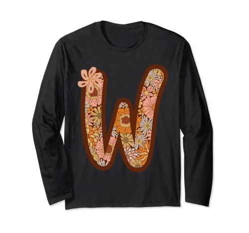 Retro Boho Groovy Floral Letter W Initial Monogrammed Name Long Sleeve T-Shirt