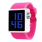 LEDデジタル表示 大きな文字板 防水腕時計 シリコンストラップ付き メンズ レディース ティーン ピンク