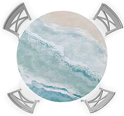 BEKYONEE Summer Ocean Round Fitted Tablecloth 36-44in Beach Seaside Waterproof Table Cover Coastal Sea Waves Elastic Edged Washable Table Cloths for Kitchen Picnic Outdoor Tabletop Abstract Art Decor