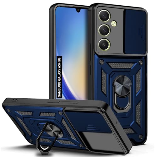 Image of AESTMO Tough Armor Samsung A34 5G Bumper Back Case Cover | Ring Holder & Sliding Camera Shield Cover | 360 Degree Protection Back Case Cover for Samsung A34 5G (Blue