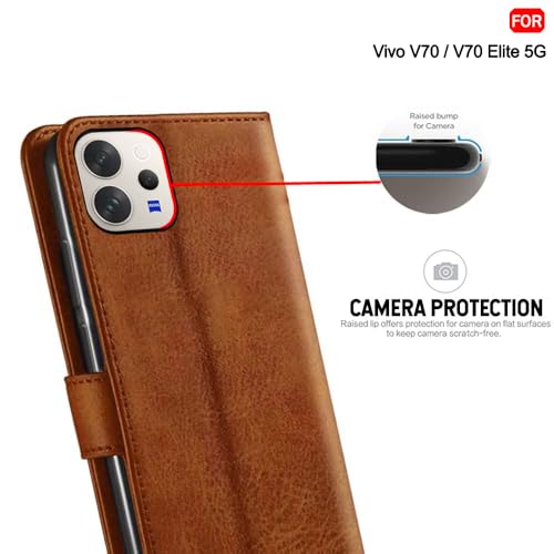 Image of TheGiftKart Genuine Leather Finish Flip Back Cover Case for Vivo V70 5G / V70 Elite 5G | Inbuilt Pockets & Stand | Wallet Style | Designer Button Magnet Flip Back Cover Case (Faux Leather, Brown)