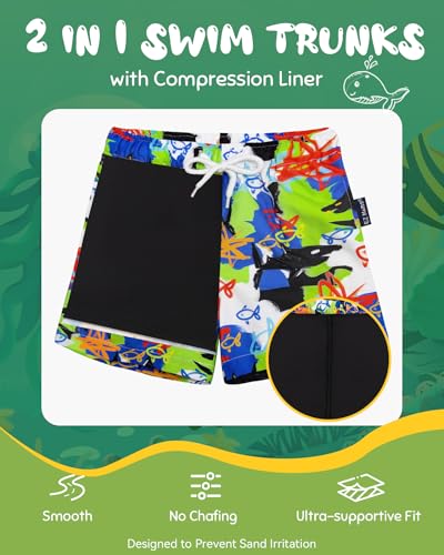 EZ Moms Boys Swim Trunks with Compression Liner Stretch Toddler Swim Shorts Quick Dry Anti-Chafe Boys Board Shorts 2-12T2