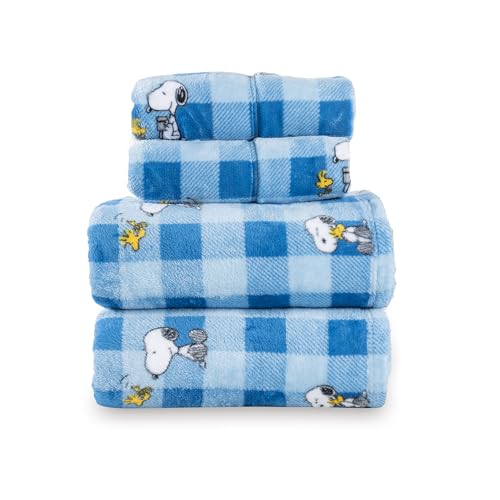Berkshire Peanuts® Velvetloft® Plush King Sheet Set,Extra Warm Fleece Sheets,4-Piece Cute Character Snoopy Printed Soft Plush Sheet Set,Classic Snoopy Buffalo Plaid Blue Tonal