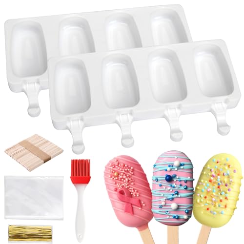 2 Pack Silicone Cake Pop Molds with 100 Sticks & Parcel Bags, 8 Cavity Reusable Cakesicle Molds for Baking, Lollipops, Ice Cream, DIY Desserts, Cake Pop Maker Kit Easy Release & Dishwasher Safe