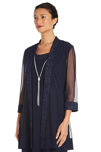 Image of R&M Richards Women's Elegant 2-Piece Shift Dress with Pleated Shimmer Duster Jacket for Mother of the Bride, Cocktail Attire
