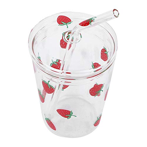 Heat Resisting Clear Strawberry Pattern Coffee Juice Drinking Water Glass Cup with Straw Lid Clear Strawberry Glass,Strawberry Cup and Straw,Strawberry Glass Tumblers,Strawberry Gl - Image 3