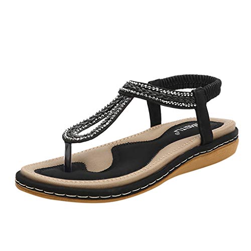 ZOELOVE Sandalias Damas de Verano Chanclas Separador Plano Bohemio del Dedo del pie con los Zapatos al Aire Libre Trenzado la cuña del Rhinestone del Brillo del Banda elástica Hecha Punto/Negro,44