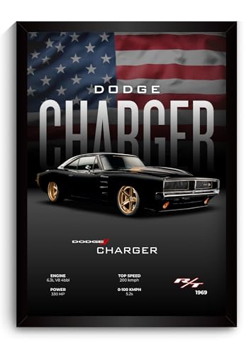 Image of Dodge Charger Poster | Framed 1969 Charger R /T A4 Sized (31 x 23 cm) | Dodge Muscle Poster for Wall, Gift for Boys, American Muscle Car Frames | Car Posters for Wall, Bedroom, Hostel, Study Area (F 028)