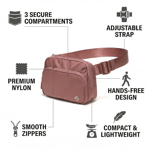 Image of Pander Nylon Crossbody Belt Bag with Excess Strap Keepers, 6-Pocket Adjustable Sling Fanny Pack for Travel and Everyday Carry, Mauve Pink