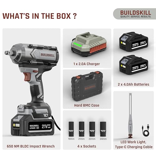 Image of BUILDSKILL 21V - 1 /2 inch 650NM BLDC Cordless Impact Wrench | 2 x 4.0Ah Battery | 4 Pcs Socket | LED Light | 2200-1750-1400 RPM | 2800-2550-2100 Impact Rate | 2.0A Fast Charger | Reverse Self Stop Mode