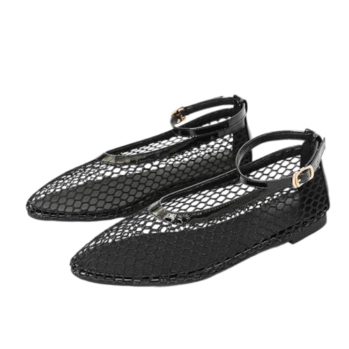 Mesh Ballet Flats for Women Round Toe Ankle Strap Mary Jane Flats Fishnet Ballerina Shoes Casual Womens Summer Shoes