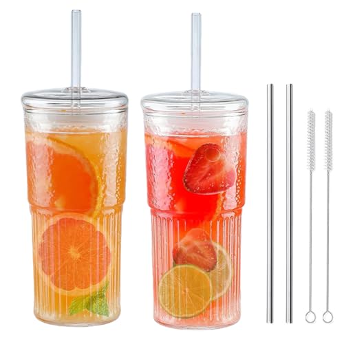 Geriffelte Glasbecher mit Deckel und Glasstrohhalmen, 650 ml, 2 Stück, auslaufsichere Glastassen, Kaffeegläser, Eiskaffeetasse, Glasbecher mit Strohhalm und Deckel für Eiskaffee, Cocktail, Tee