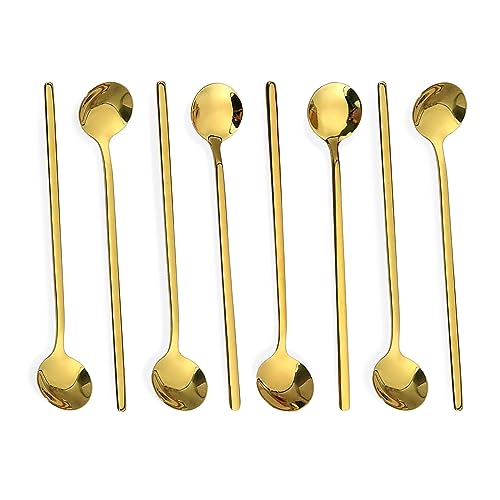 Monovatives Espresso Gold Plated Small Coffee Spoons with Long Handle for Stirring, Stainless Steel Long Handle coffee Spoon Pack of 8 for Tea Coffee Dessert Cake Ice Cream Soup Cappuccino, 5.3 inch