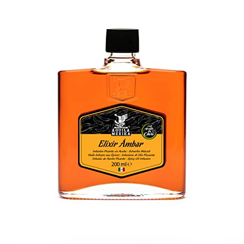 ÁGUILA MEXIKA | Elíxir Ámbar Aceite Picante | Infusión artesanal en Aceite de Oliva Virgen de Chiles mexicanos: Chipotle, Morita & Rojo de Árbol, y Ajo - hecho con ingredientes naturales.