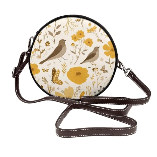 Sac bandoulière rond femme cuir végétalien fleur jaune motif oiseau automne