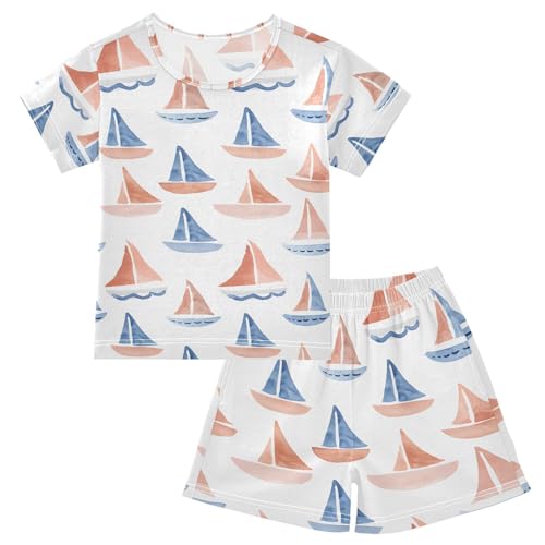 ALAZA Watercolor Sail Boat Cartoon Pajamas Set Short Sleeve Cotton Sleepwear Summer Pjs 2 Piece 5-14Y