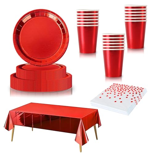 65 Stück Partygeschirr Rot, Einweggeschirr Set mit Pappteller Pappbecher Servietten Tischdecke Plastik für 16 Gäste, Papiergeschirr Partyzubehör für Geburtstag,Jubiläum,Hochzeit Weihnachten Party
