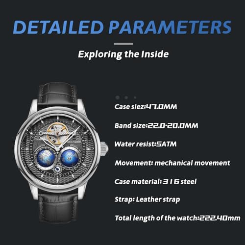 Image of SEAKOSS Luxury Automatic Mechanical Watch for Men, 47mm Skeleton Dress Watch with Dual Hemisphere Dial, Self Winding Movement, Genuine Leather Strap, 5ATM Waterproof