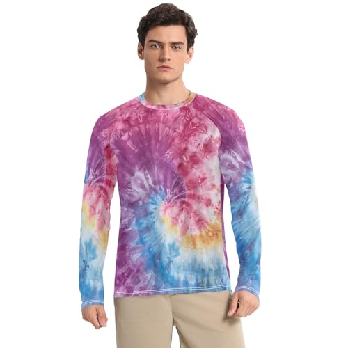 UPF 50+ Rash Guard for Men Long Sleeve Quick Dry Fishing T-Shirts UV Protection Sun Shirts, Rainbow Colored Tie Dye, Medium
