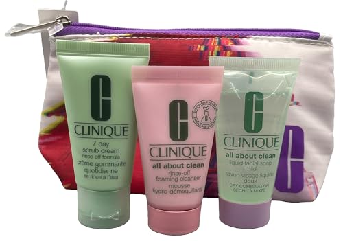 Clinique Neceser cosmético con 3 productos de 90 ml, todo sobre jabón facial líquido limpio, todo de enjuague limpio, fórmula para 7 días de exfoliación