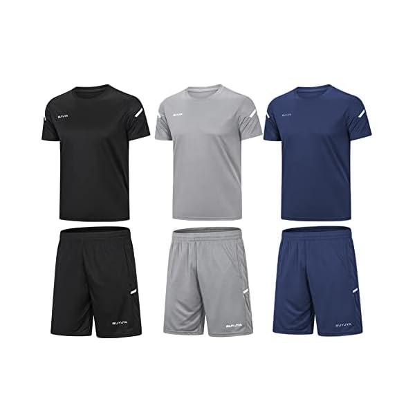 BUYJYA Men’s Workout Clothes Athletic Shorts Shirt Set 3 Pack for Basketball Football Exercise Training Running Gym