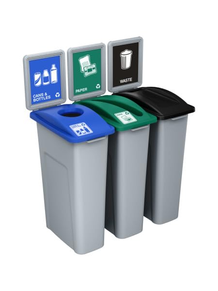 Waste Wise 69 Gallon Triple Stream Recycled HDPE Waste and Recycling Center for Commercial Spaces for Cans & Bottles, Paper, and Trash | Great for Office Spaces