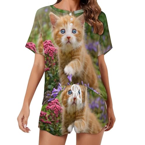 Pyjama pour femme Joli Chat : vêtements de nuit d'été à manches courtes et sleepwear