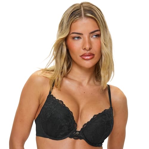 Ann Summers Sexy Lace Padded Boost Bra, A-DD Cup, Curve-Enhancing Womens Underwear with Graduated Push-Up Cups, Underwire Support & Plunge Fit for Double Cleavage Boost Black - Womens Lingerie