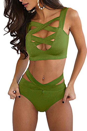 Prograce Women's Sexy Criss Cross High Waisted Bandage 2PCS Bikini Set, M Green