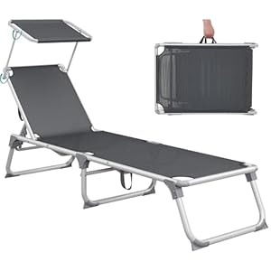 SONGMICS Sonnenliege mit Dach, Liegestuhl, Gartenliege, Aluminium, Rückenlehne verstellbar, klappbar, leicht, 55 x 193 x 31 cm, bis 150 kg belastbar, Garten, Balkon, Terrasse, rauchgrau GCB19GYV1