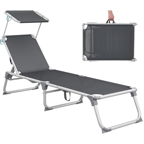 SONGMICS Bain de Soleil, Chaise Longue Pliable, Transat, 193 x 55 x 31 cm, Capacité de Charge 150 kg, avec Pare-soleil et Dossier Inclinable, pour Jardin, Piscine, Terrasse, Gris Foncé GCB19GYV1