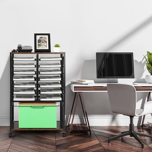 TQVAI 9 Tier Rolling File Cart 14 Slots Mail Sorter Filing Cabinet with Hanging Folder Rack Mobile Sliding Letter Trays Paper Literature Storage Organizer for Home Office, Black/Antique