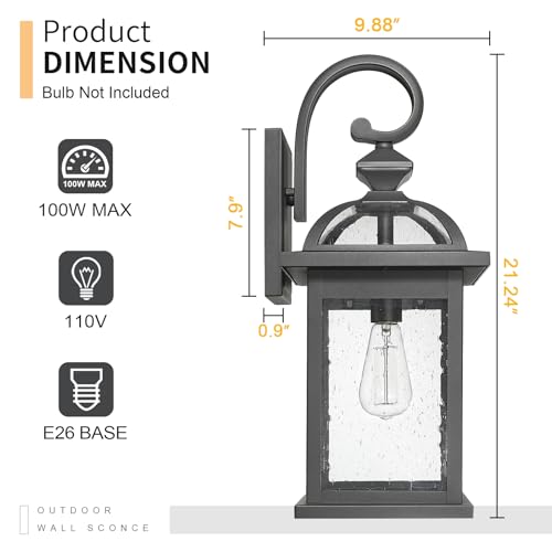 Image of Darkaway Dusk to Dawn Outdoor Lights Fixture Wall Mount,Large 22inch Exterior Wall Light with Seeded Glass Waterproof Black Outside Wall Sconce for House Porch Hallway Garage